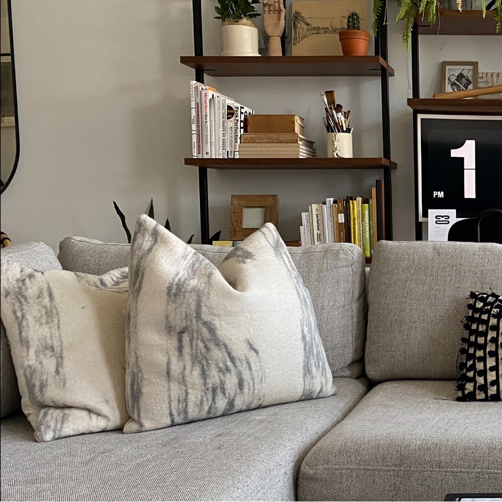 West Elm pair of 18” Abstract white & grey felt accent pillows